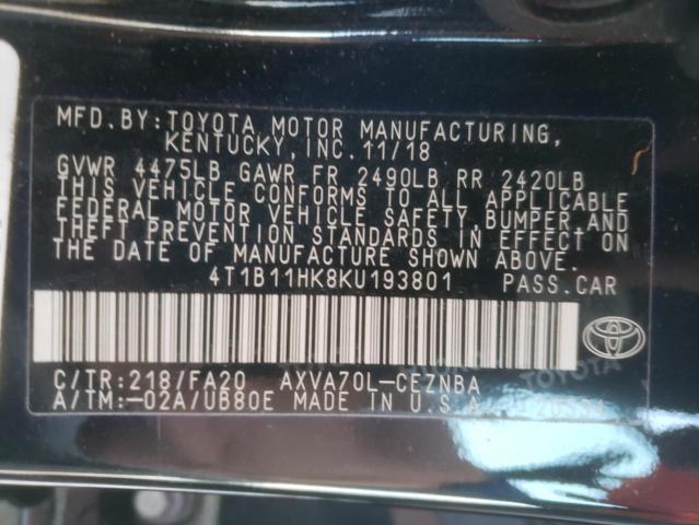 2019 TOYOTA CAMRY 4C 4T1B11HK8KU193801