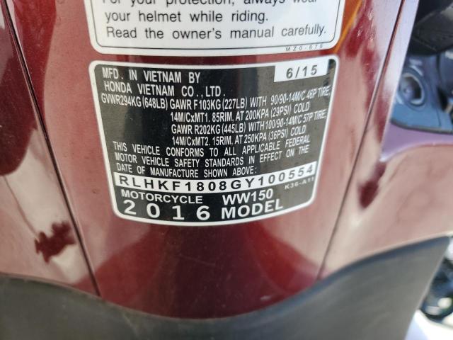 2016 HONDA PCX 150 RLHKF1808GY100554