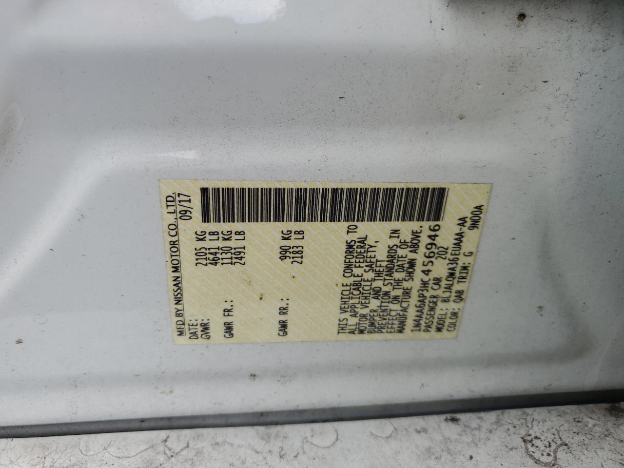 1N4AA6AP3HC456946 NISSAN MAXIMA 2017