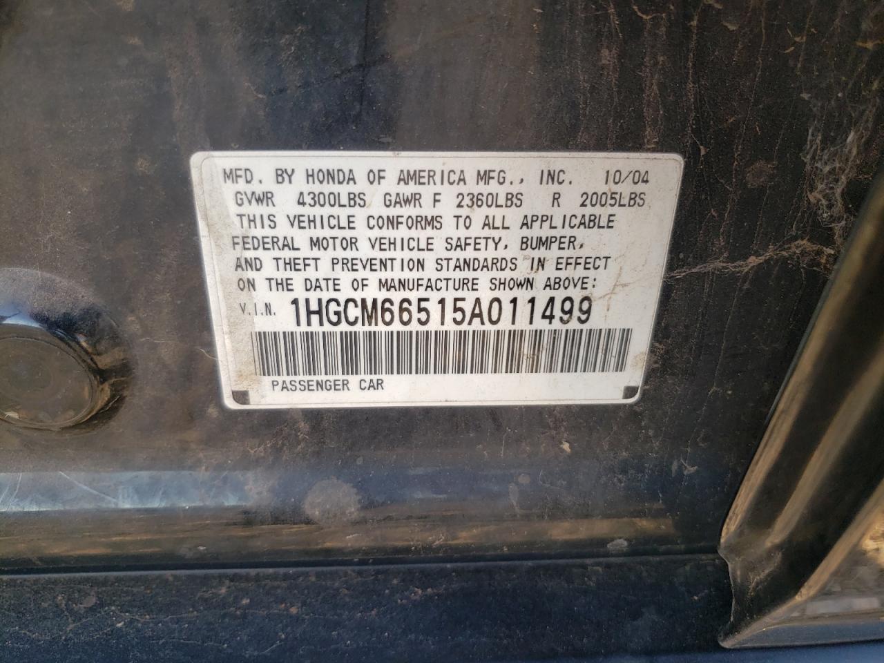 2005 Honda Accord Ex VIN: 1HGCM66515A011499 Lot: 59706992