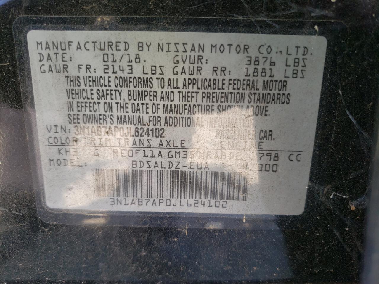VIN: 3N1AB7AP0JL624102 2018 NISSAN SENTRA