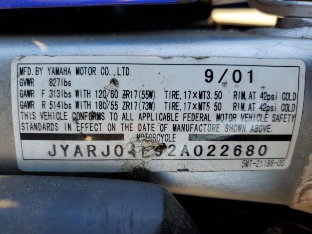 2002 YAMAHA R6 JYARJ04E92A022680