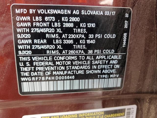 2017 VOLKSWAGEN TOUAREG WO WVGRF7BP4HD005646