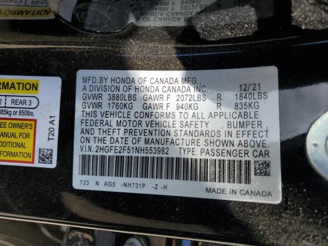 2022 HONDA CIVIC SPOR - 2HGFE2F51NH553982