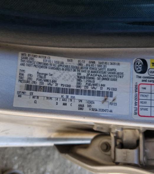 2012 FORD FIESTA S 3FADP4AJXCM170787
