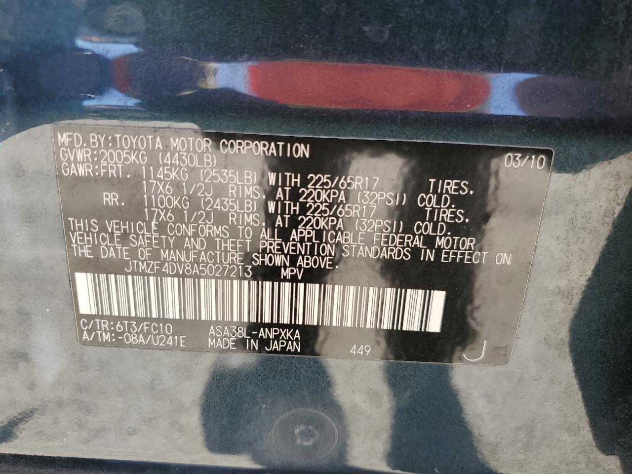 2010 Toyota Rav4 VIN: JTMZF4DV8A5027213 Lot: 82483393