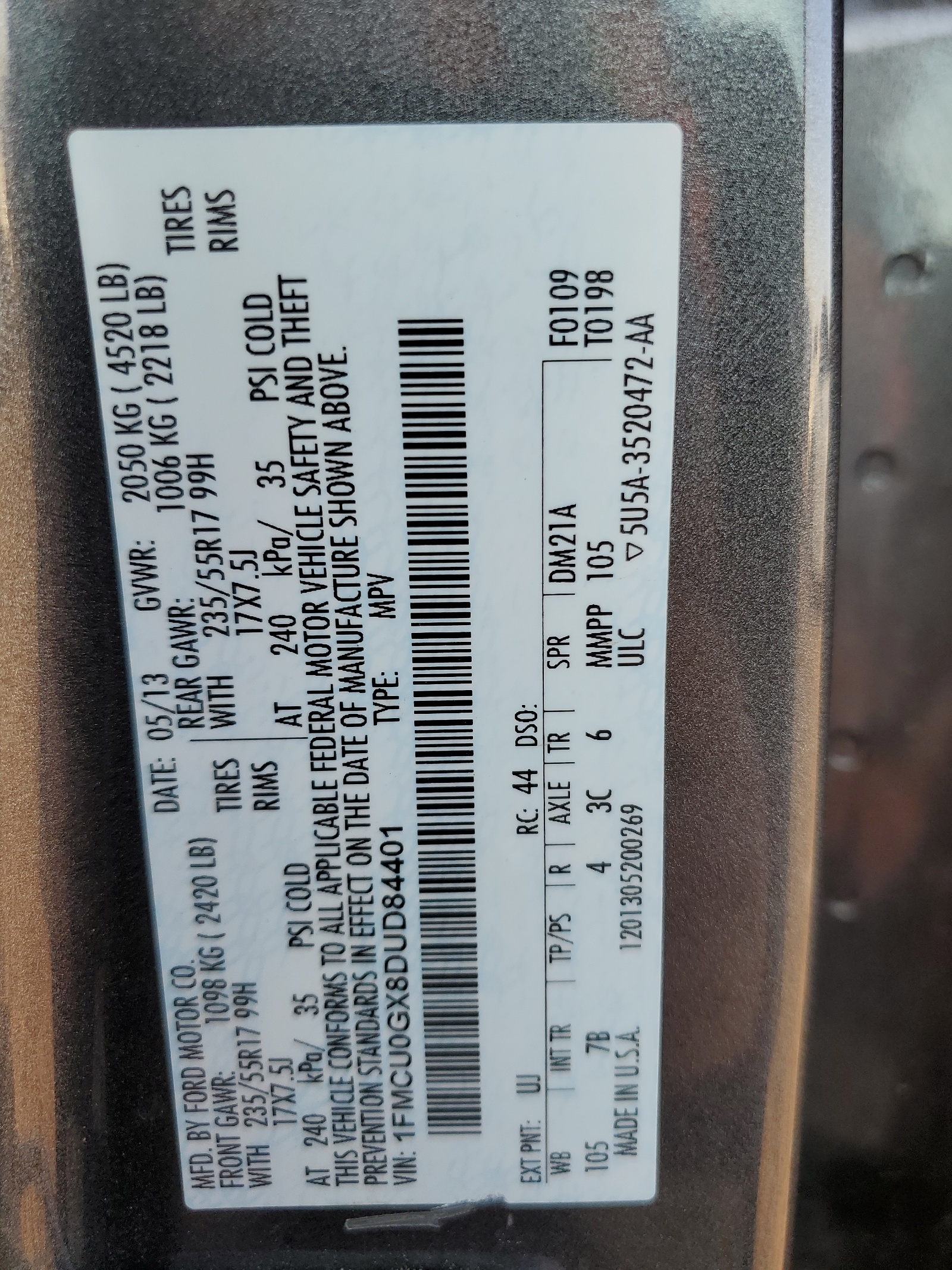 1FMCU0GX8DUD84401 2013 Ford Escape Se