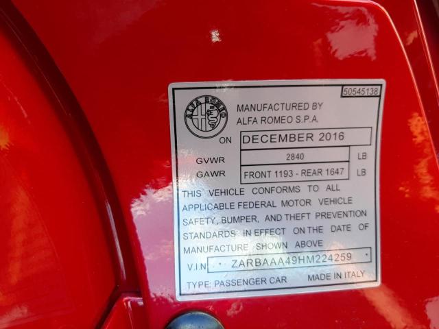 2017 ALFA ROMEO 4C ZARBAAA49HM224259