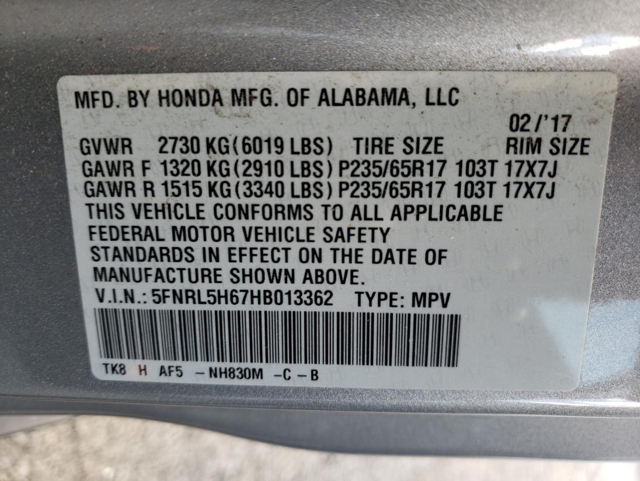 5FNRL5H67HB013362 2017 Honda Odyssey Exl