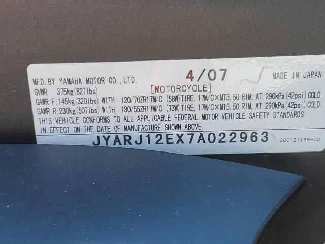 2007 YAMAHA YZFR6 L JYARJ12EX7A022963