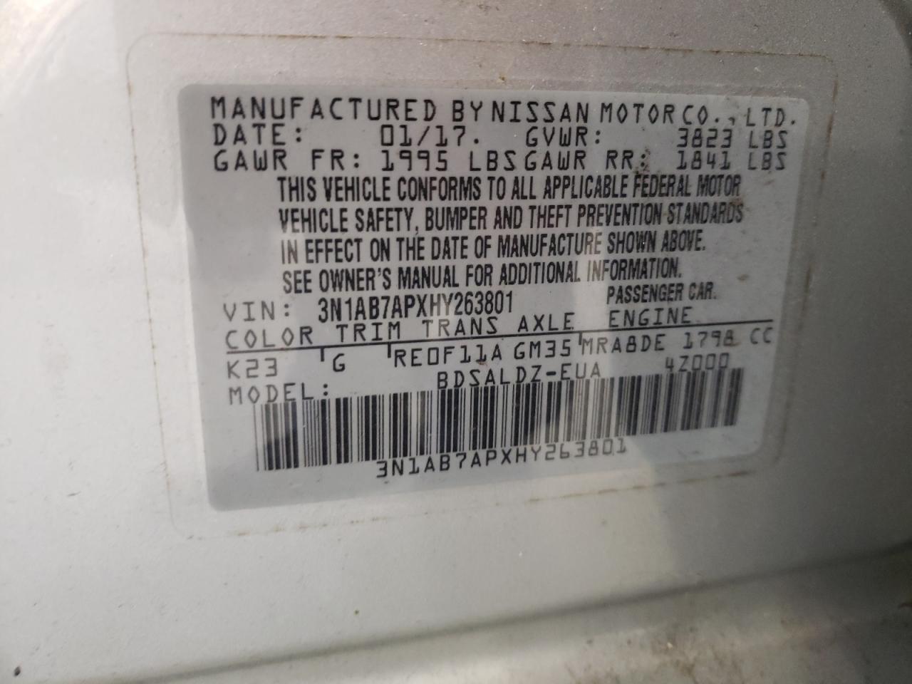 3N1AB7APXHY263801 NISSAN SENTRA 2017