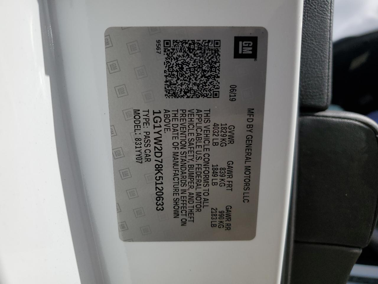 1G1YW2D78K5120633 CHEVROLET CORVETTE 2019