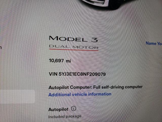 5YJ3E1EC8NF209079 Tesla MODEL 3