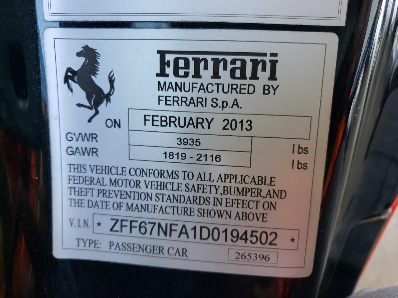 Ferrari 458 Italia  2013 ZFF67NFA1D0194502 photo 10