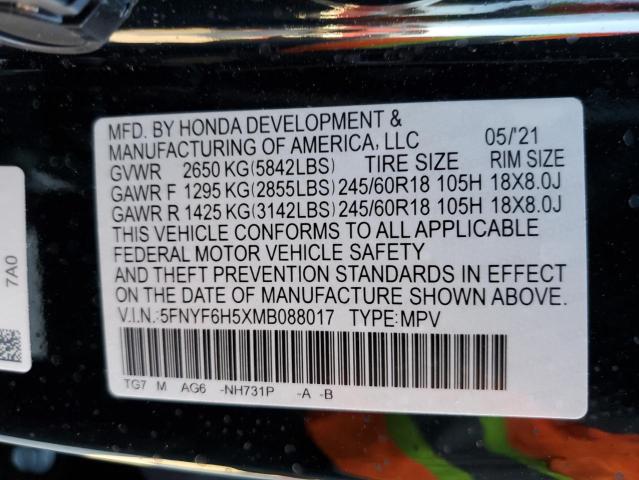 VIN 5FNYF6H5XMB088017 2021 HONDA PILOT no.10