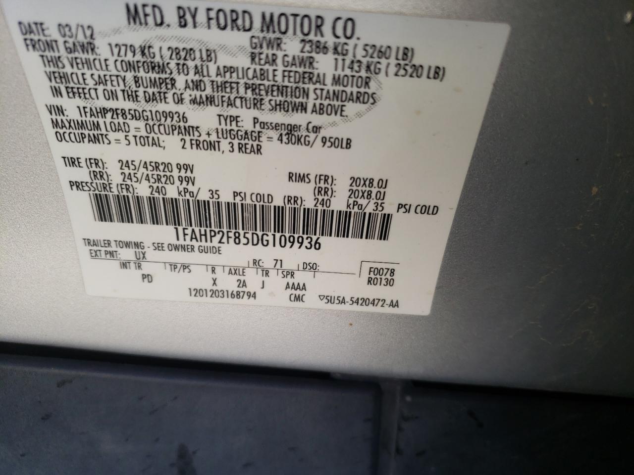 2013 Ford Taurus Limited VIN: 1FAHP2F85DG109936 Lot: 48197823