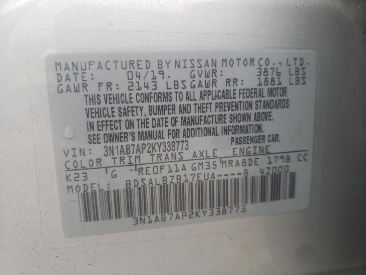 3N1AB7AP2KY338773 2019 Nissan Sentra S