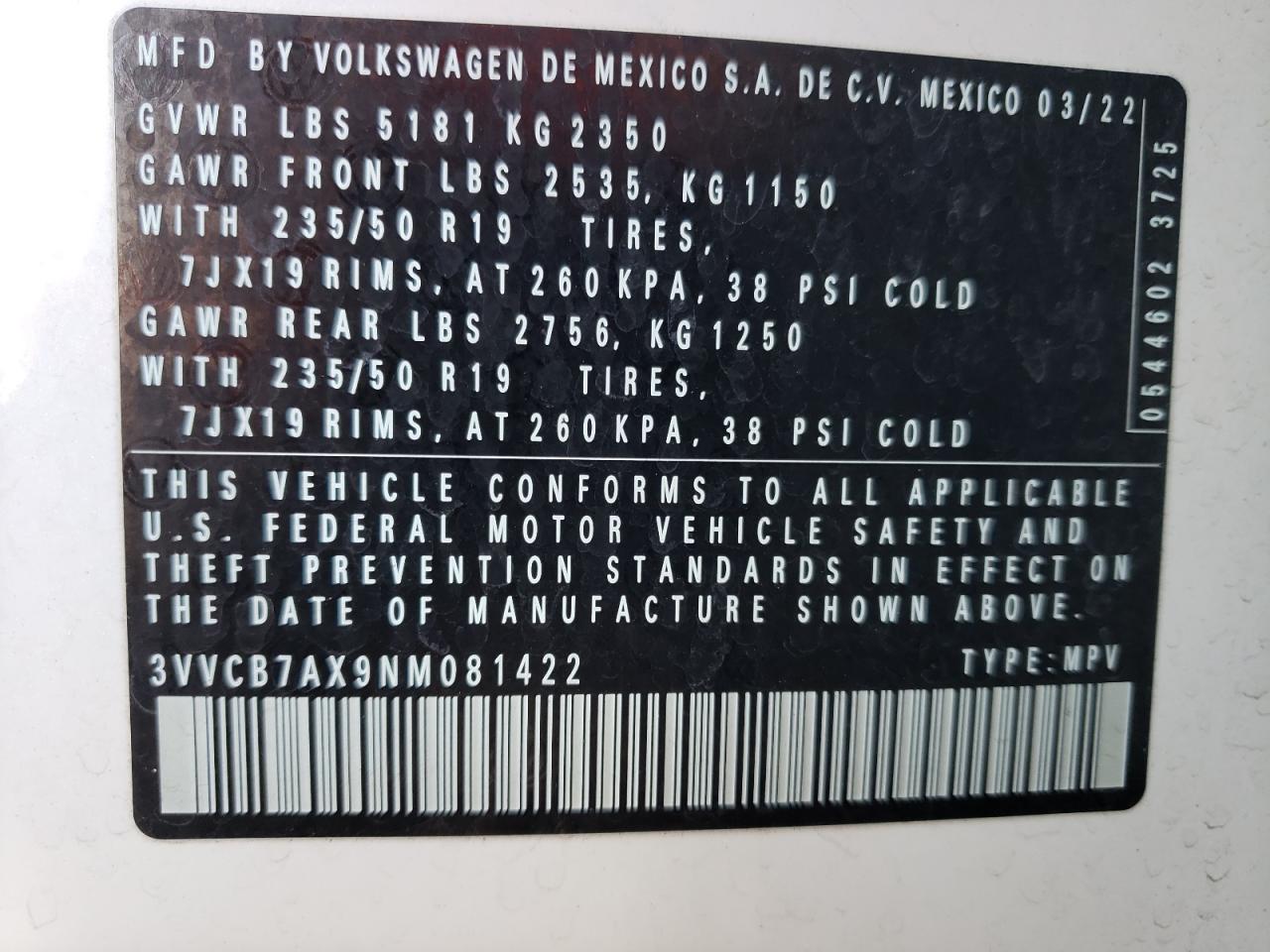 2022 Volkswagen Tiguan Se R-Line Black VIN: 3VVCB7AX9NM081422 Lot: 61950402