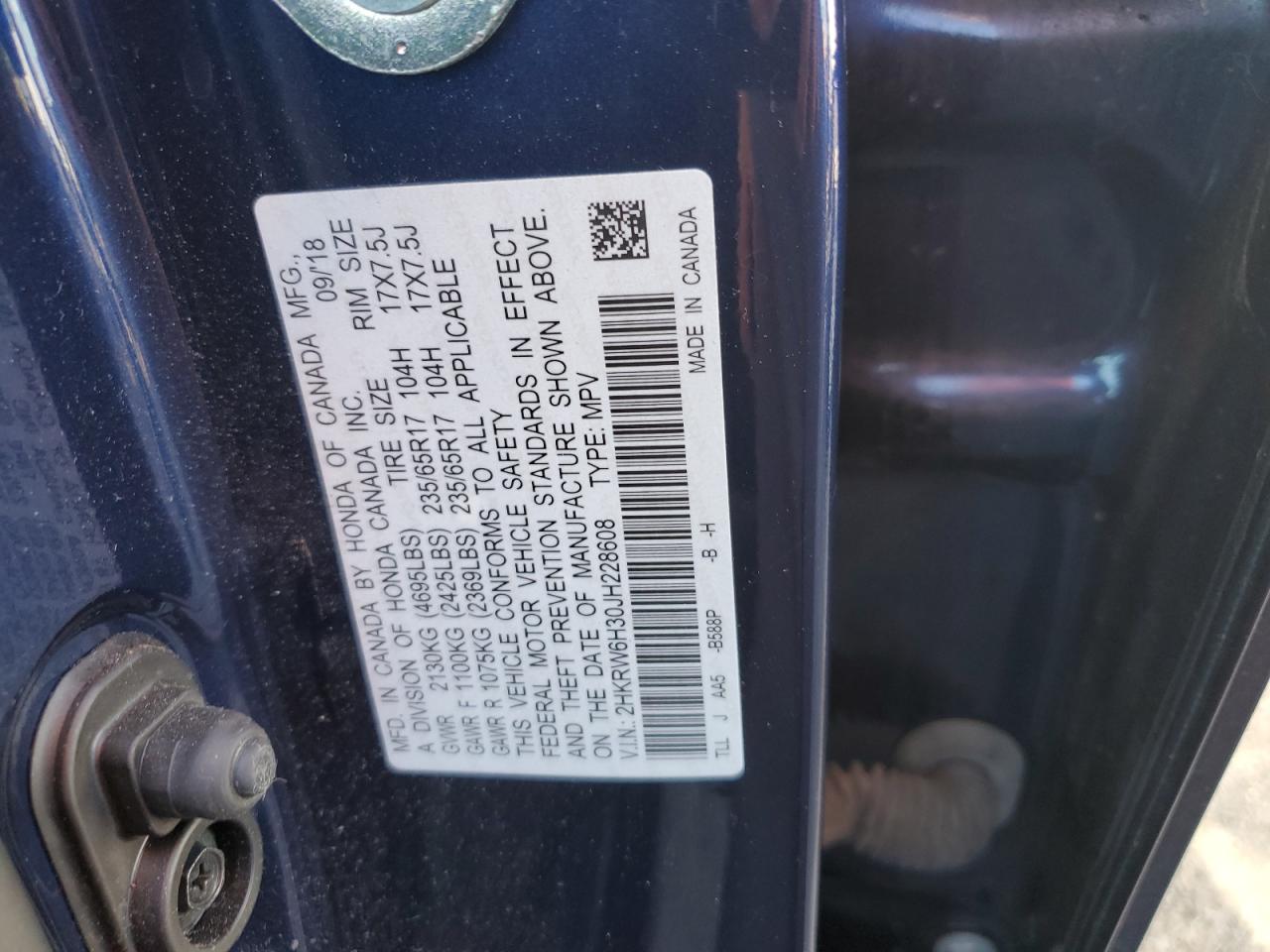 2HKRW6H30JH228608 HONDA CRV 2018