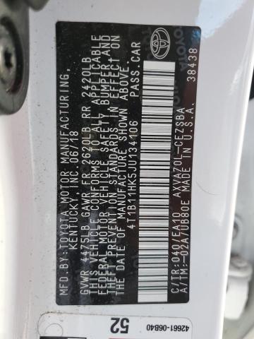 VIN: 4T1B11HK5JU134106 Auction: COPART Lot: 60965142 Location: FL - TAMPA SOUTH 4T1B11HK5JU134106 TOYOTA CAMRY 2018 WHITE Photo 10