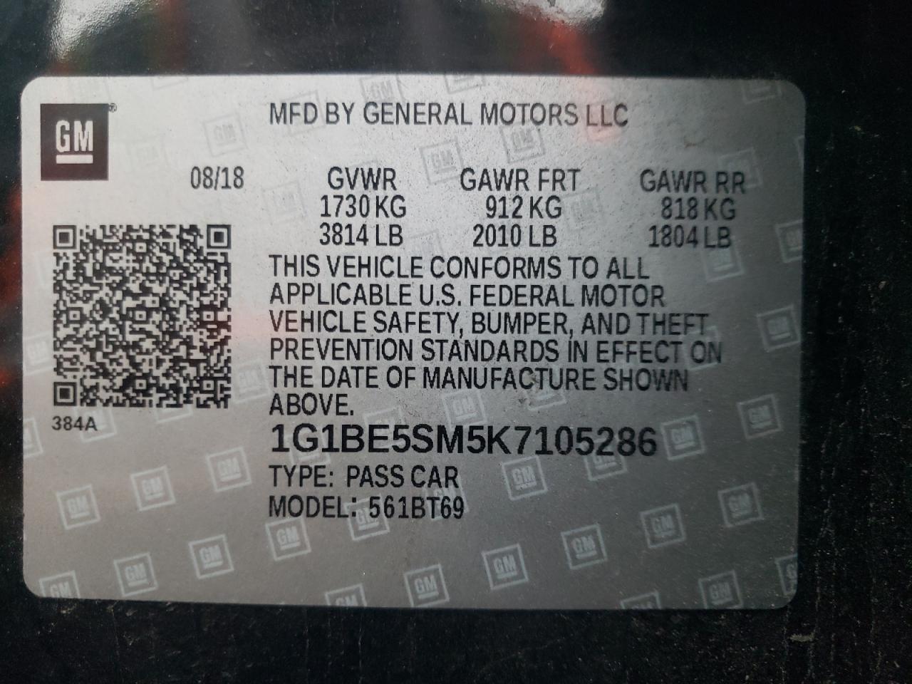 2019 Chevrolet Cruze Lt VIN: 1G1BE5SM5K7105286 Lot: 61036002