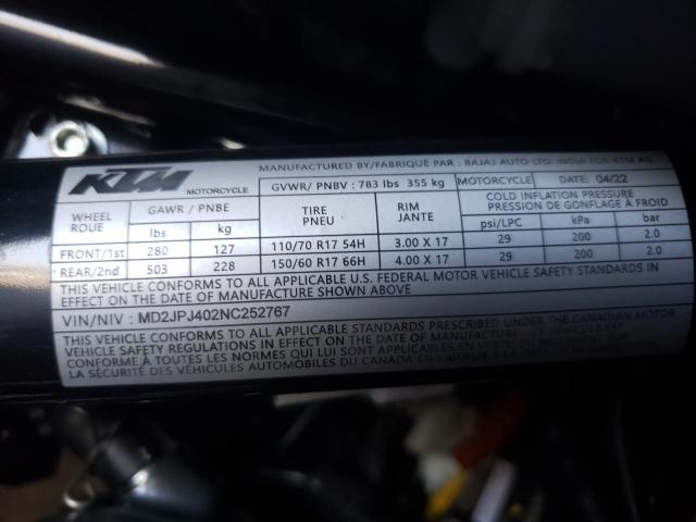 2022 KTM 390 DUKE MD2JPJ402NC252767