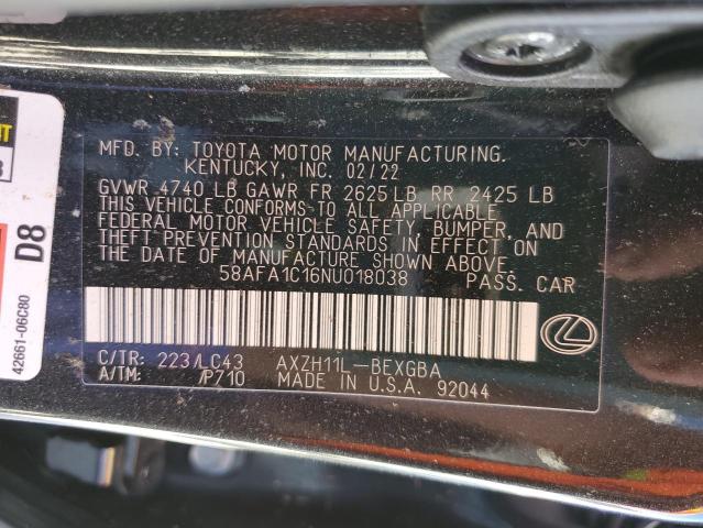 2022 LEXUS ES 300H BA 58AFA1C16NU018038