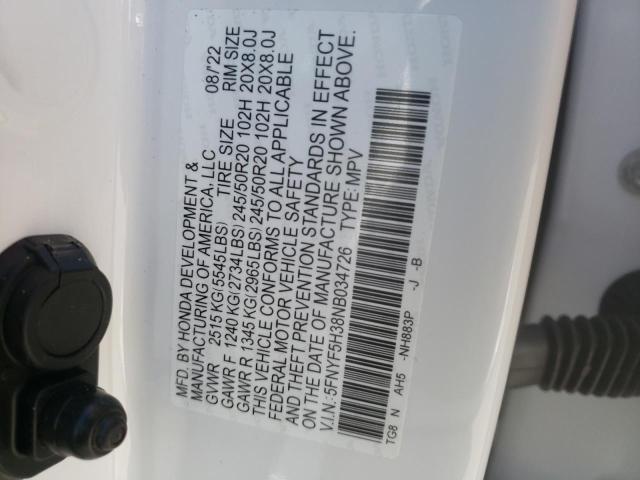 2022 HONDA PILOT SPOR 5FNYF5H38NB034726