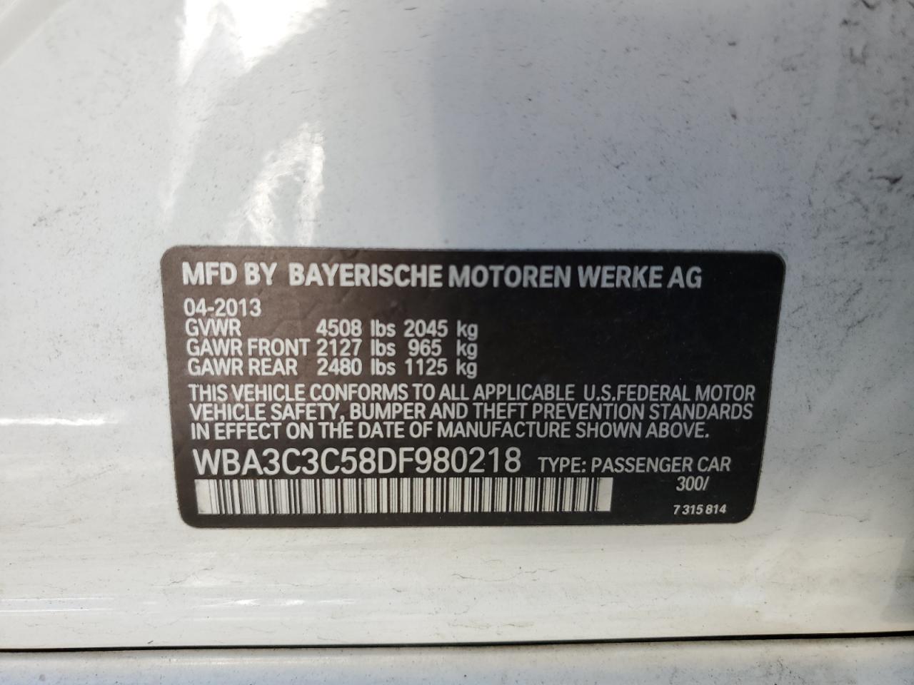 2013 BMW 320 I xDrive VIN: WBA3C3C58DF980218 Lot: 62288132