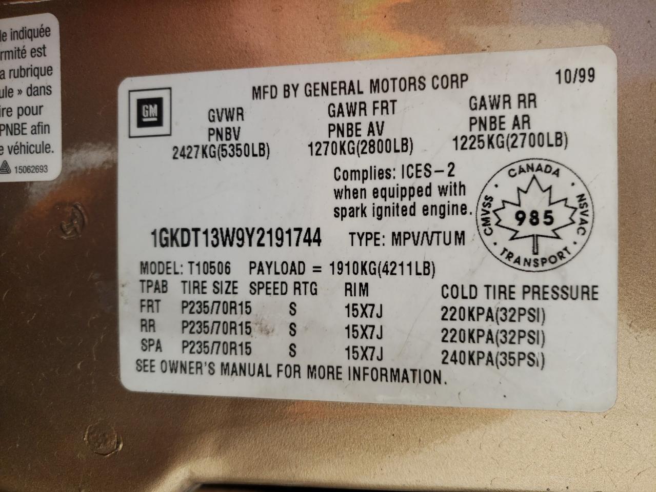 2000 GMC Jimmy / Envoy VIN: 1GKDT13W9Y2191744 Lot: 62769702