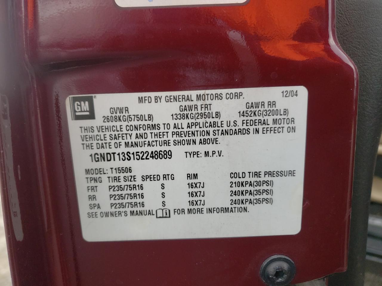 1GNDT13S152248689 2005 Chevrolet Trailblazer Ls