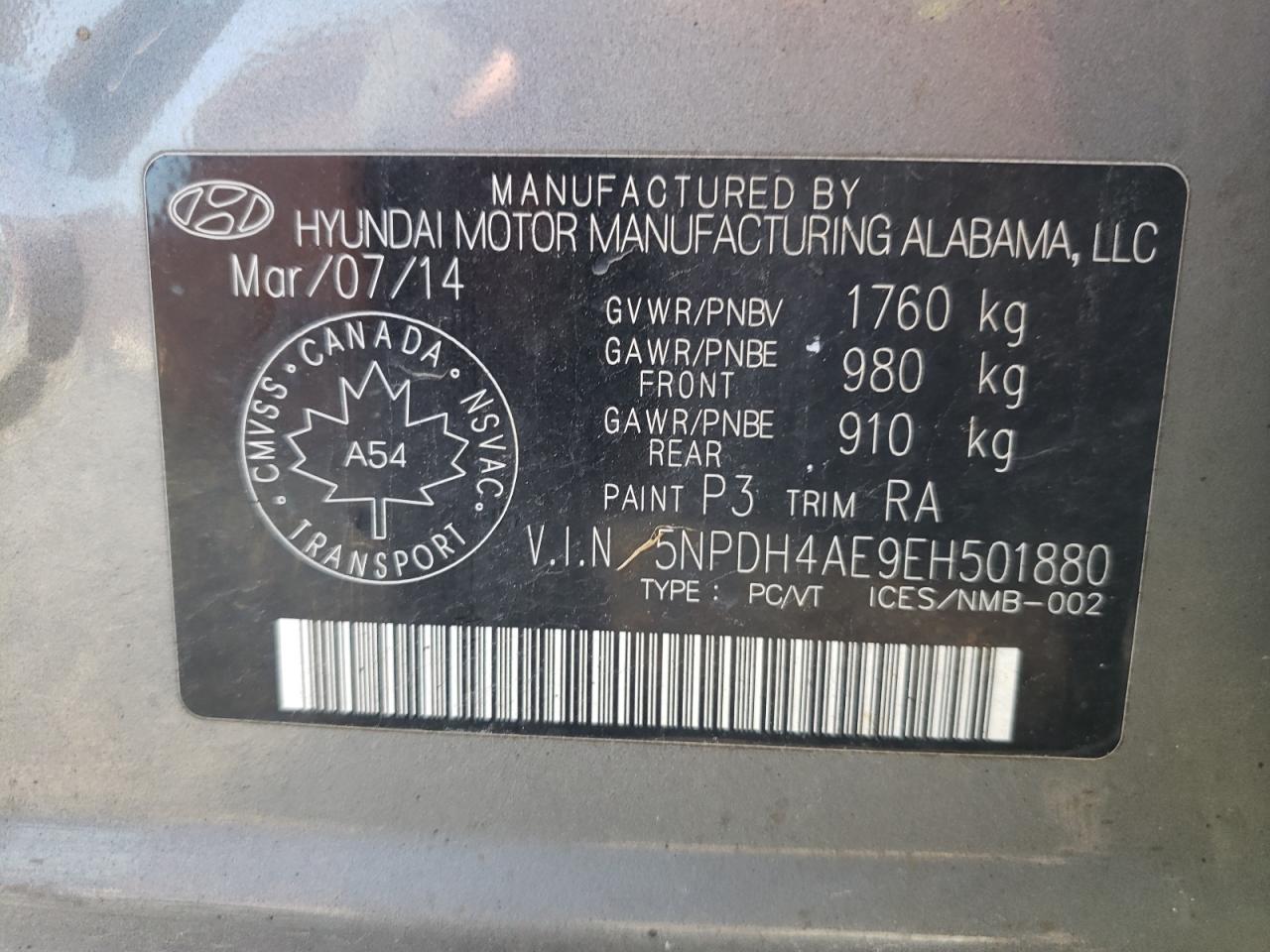 2014 Hyundai Elantra Se VIN: 5NPDH4AE9EH501880 Lot: 58941842