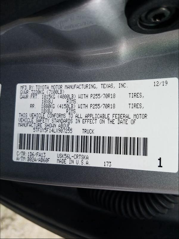2020 TOYOTA TUNDRA DOU 5TFUY5F14LX907255