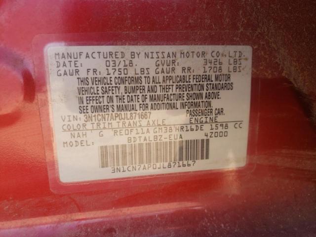 VIN: 3N1CN7AP0JL871667 Auction: COPART Lot: 62872392 Location: CO - COLORADO SPRINGS 3N1CN7AP0JL871667 NISSAN VERSA 2018 RED Photo 10