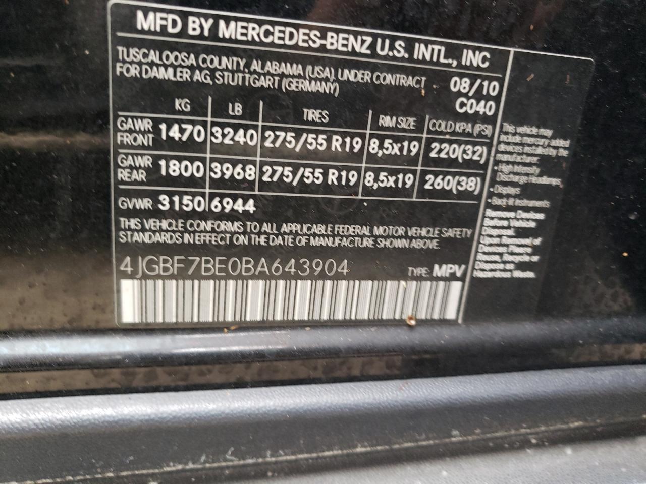 4JGBF7BE0BA643904 2011 Mercedes-Benz Gl 450 4Matic