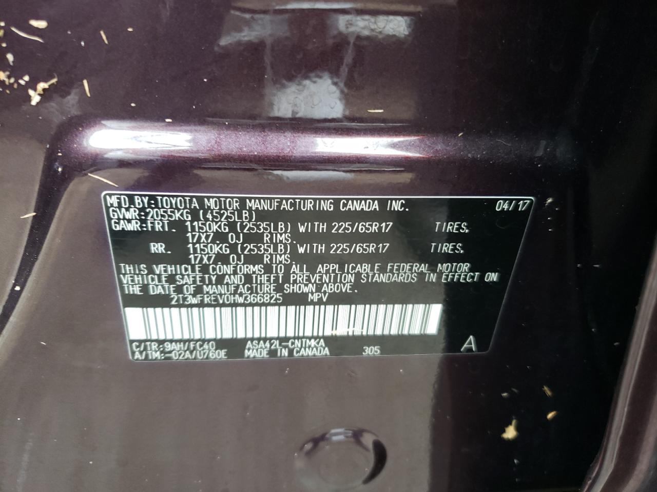 2T3WFREV0HW366825 TOYOTA RAV4 2017
