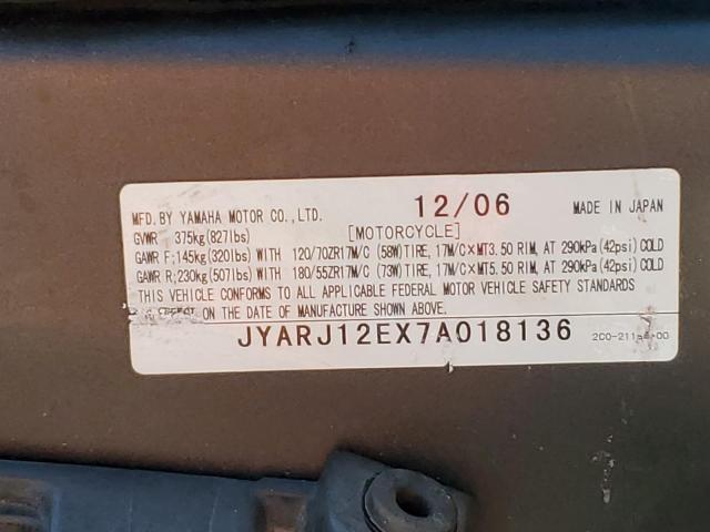 2007 YAMAHA YZFR6 L JYARJ12EX7A018136