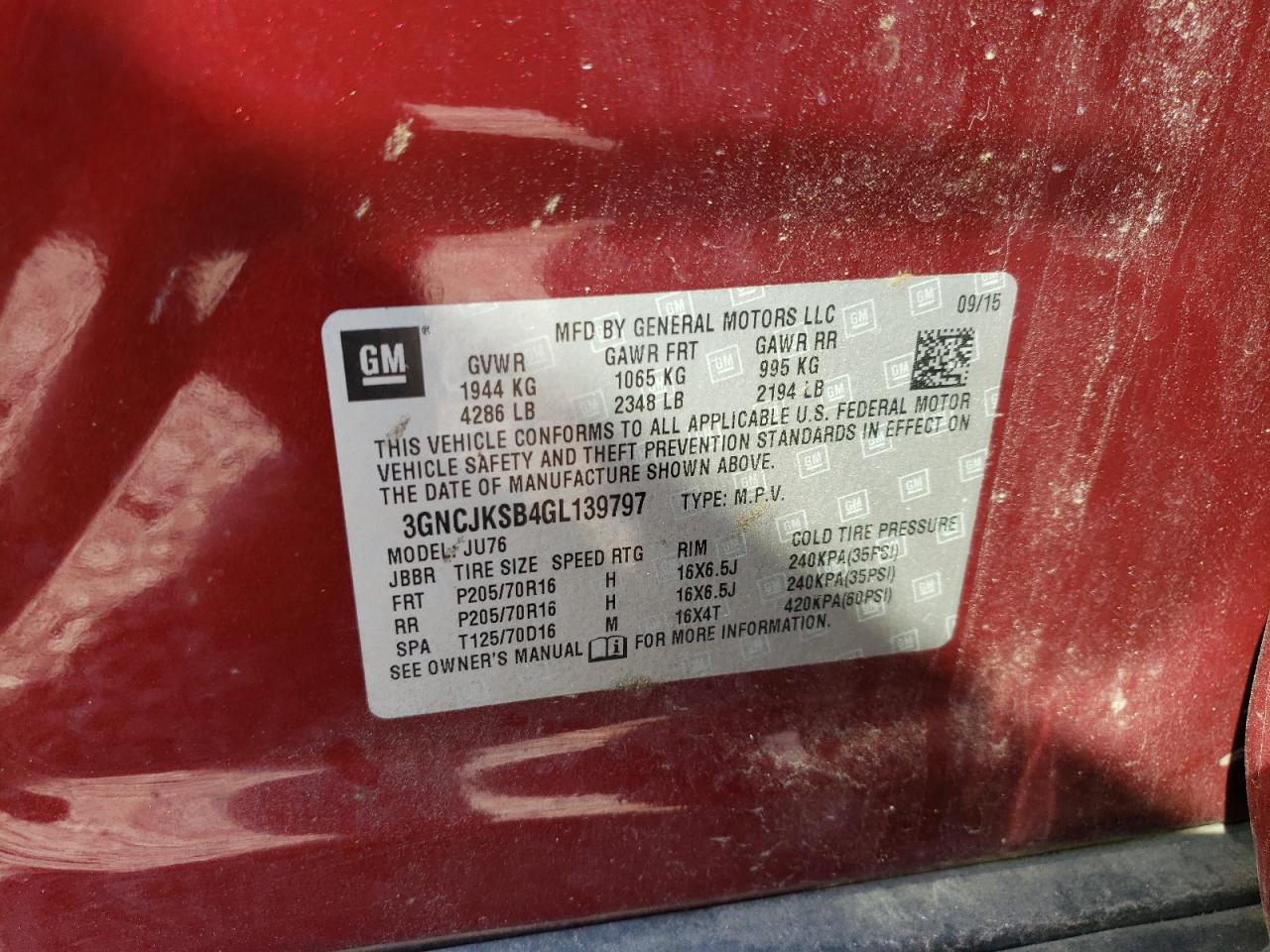 2016 Chevrolet Trax Ls VIN: 3GNCJKSB4GL139797 Lot: 62279832