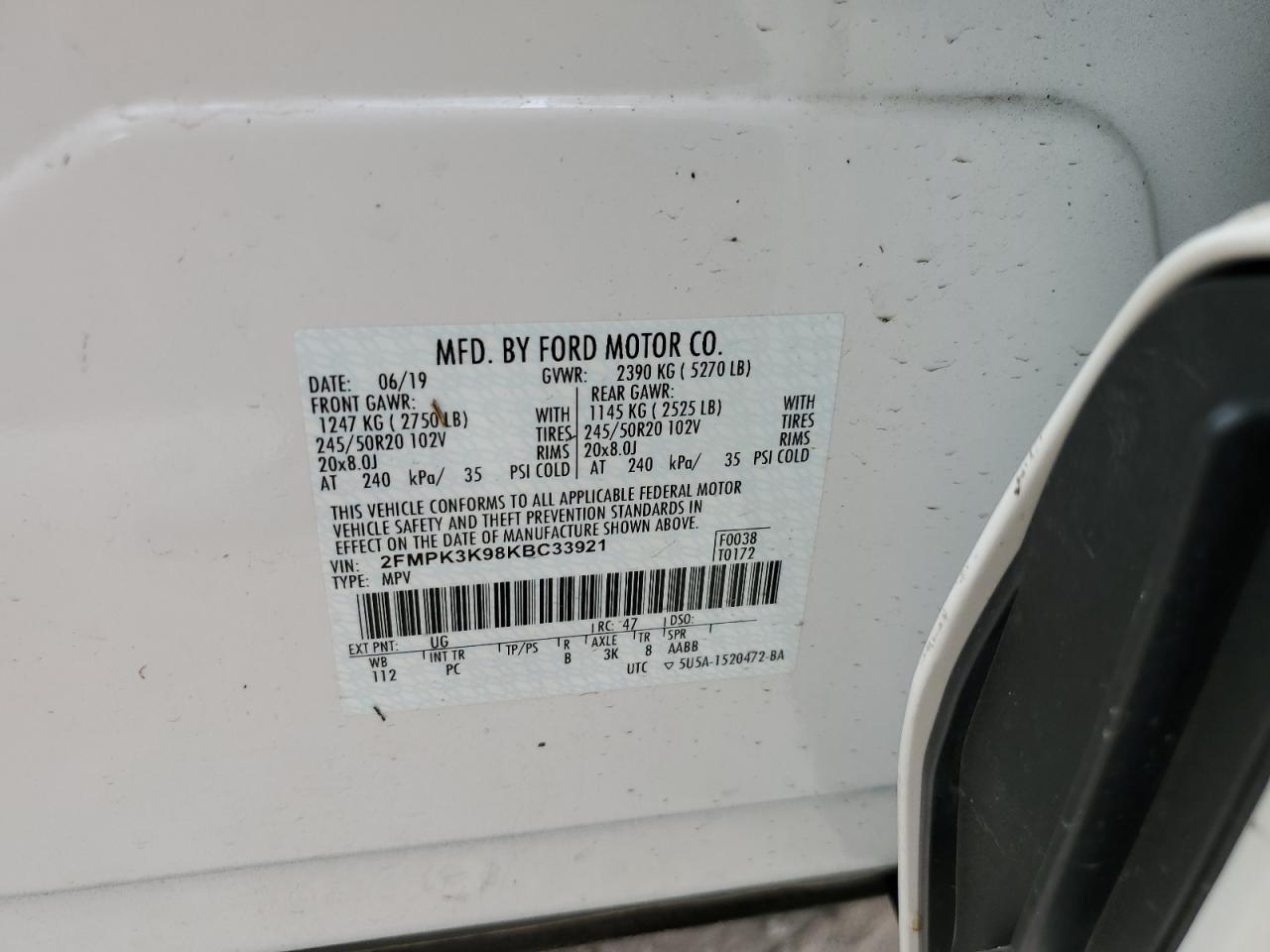 2FMPK3K98KBC33921 FORD EDGE 2019