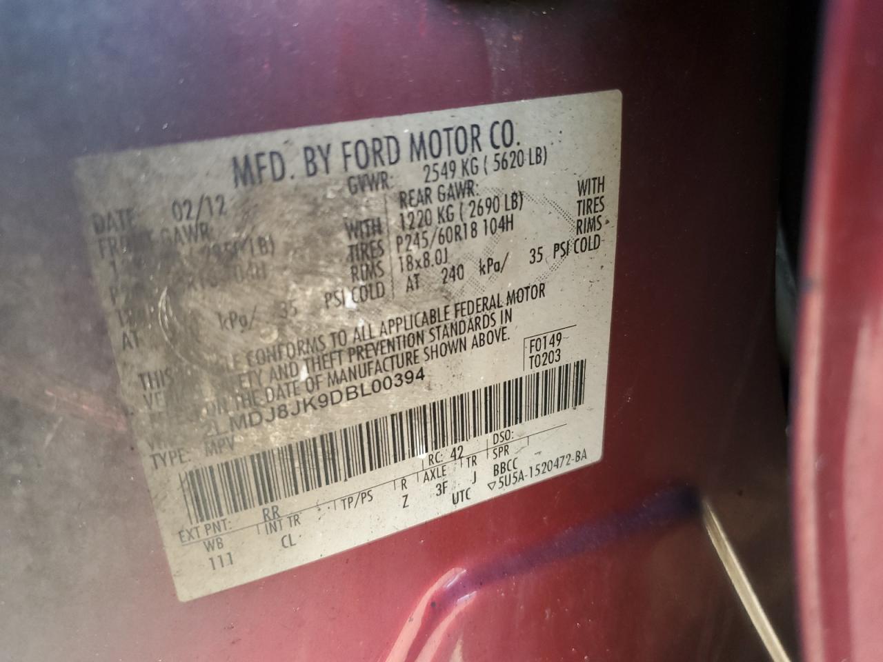 2013 Lincoln Mkx VIN: 2LMDJ8JK9DBL00394 Lot: 63673892