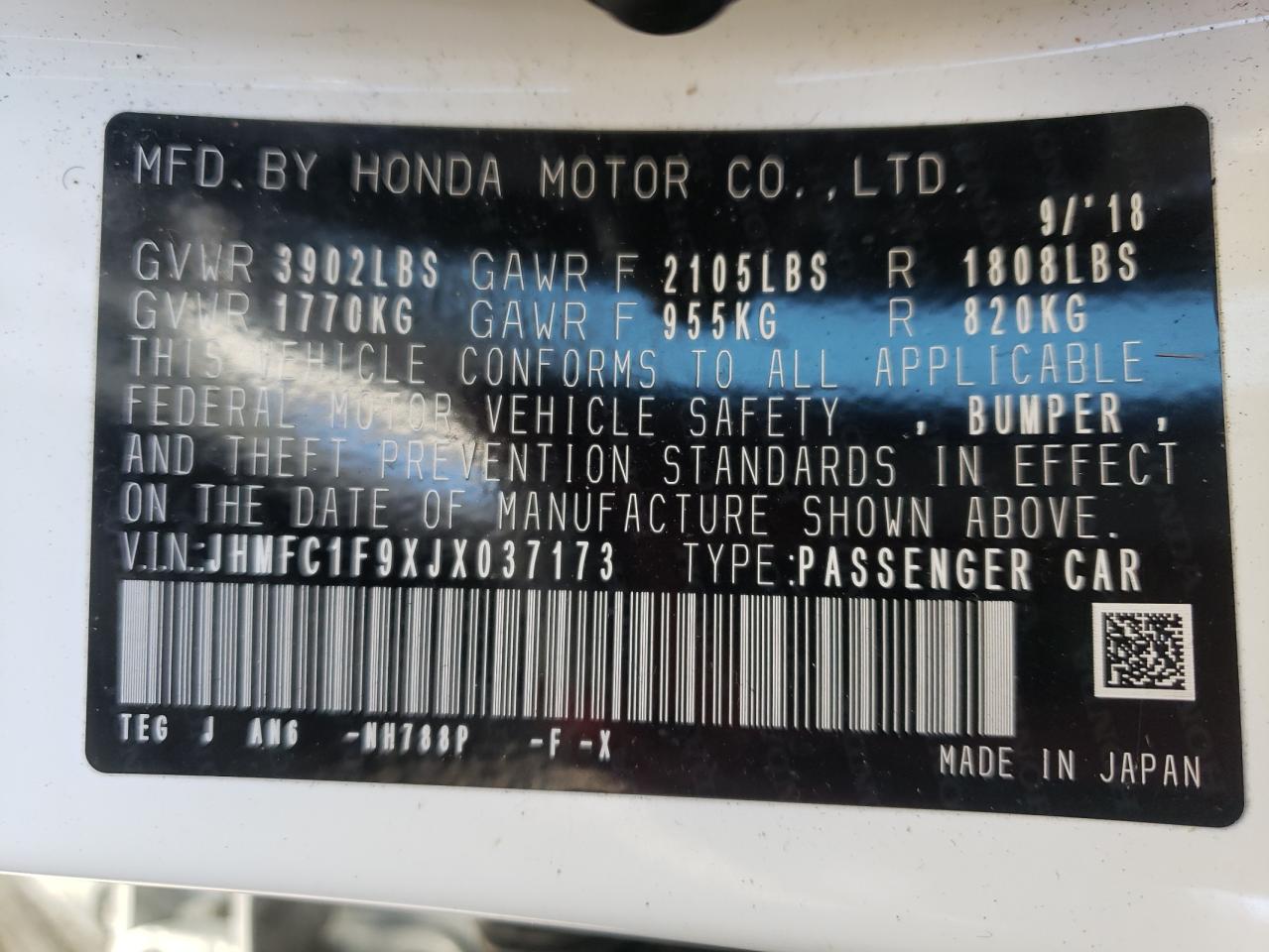 JHMFC1F9XJX037173 2018 Honda Civic Touring