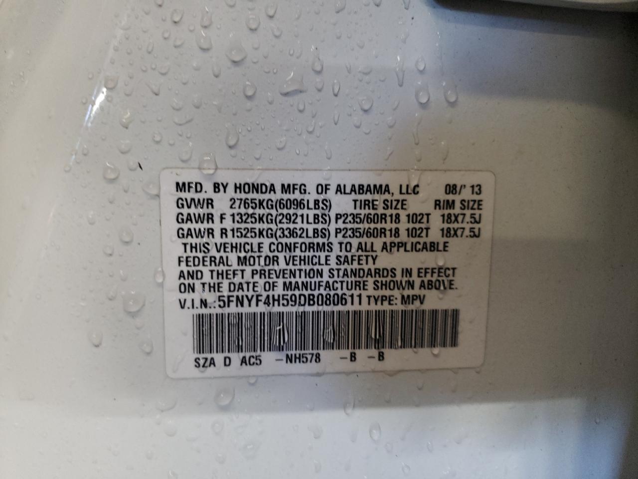 2013 Honda Pilot Exl VIN: 5FNYF4H59DB080611 Lot: 63543282