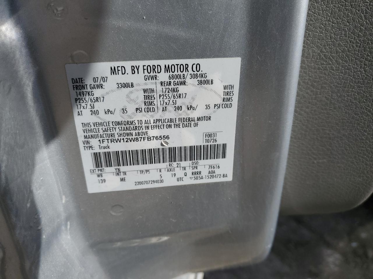 2007 Ford F150 Supercrew VIN: 1FTRW12W87FB76556 Lot: 85250035