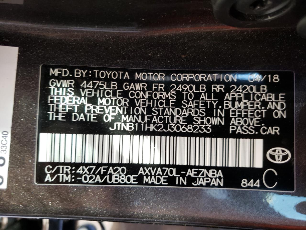 JTNB11HK2J3068233 2018 Toyota Camry L