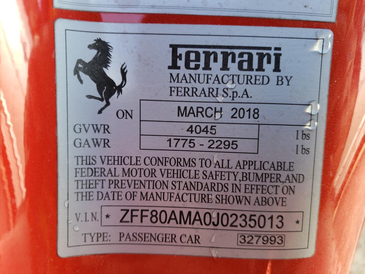 VIN ZFF80AMA0J0235013 2018 FERRARI ALL MODELS no.10