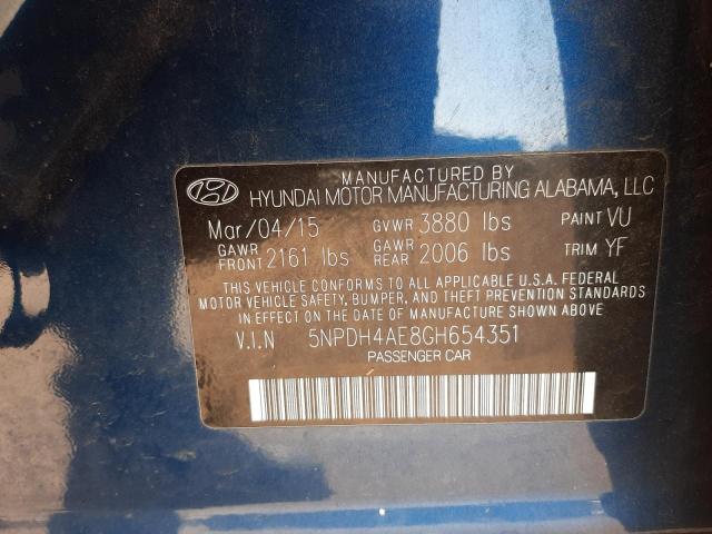 VIN: 5NPDH4AE8GH654351 Auction: COPART Lot: 63286472 Location: NY - LONG ISLAND 5NPDH4AE8GH654351 HYUNDAI ELANTRA 2016 BLUE Photo 10