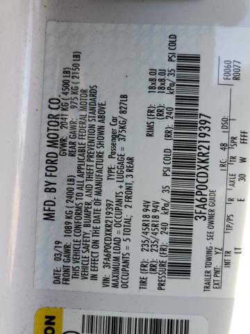 2019 FORD FUSION SEL - 3FA6P0CDXKR219397