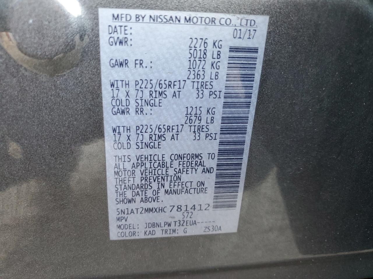 5N1AT2MMXHC781412 NISSAN ROGUE 2017