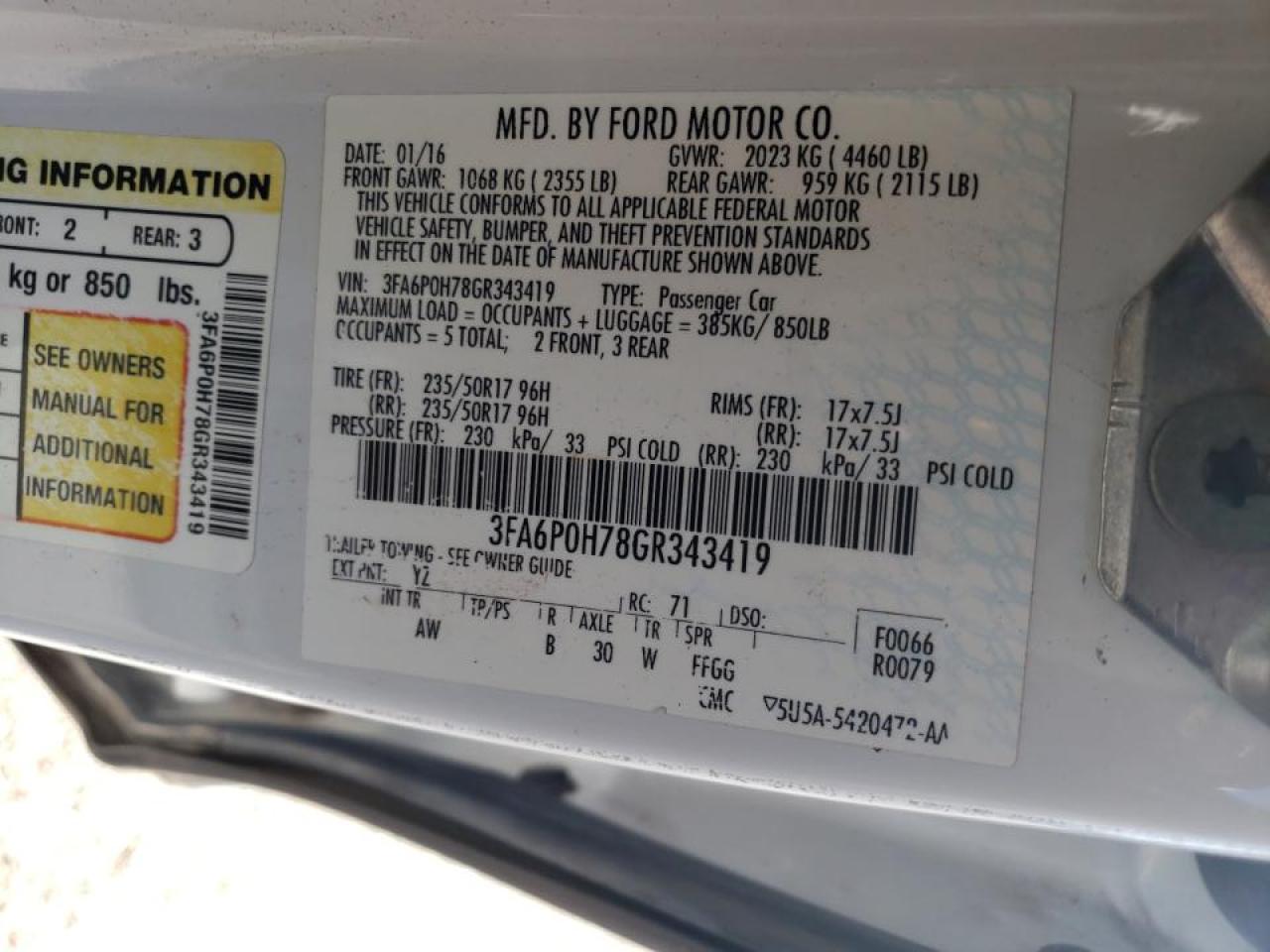 2016 Ford Fusion Se VIN: 3FA6P0H78GR343419 Lot: 64046302