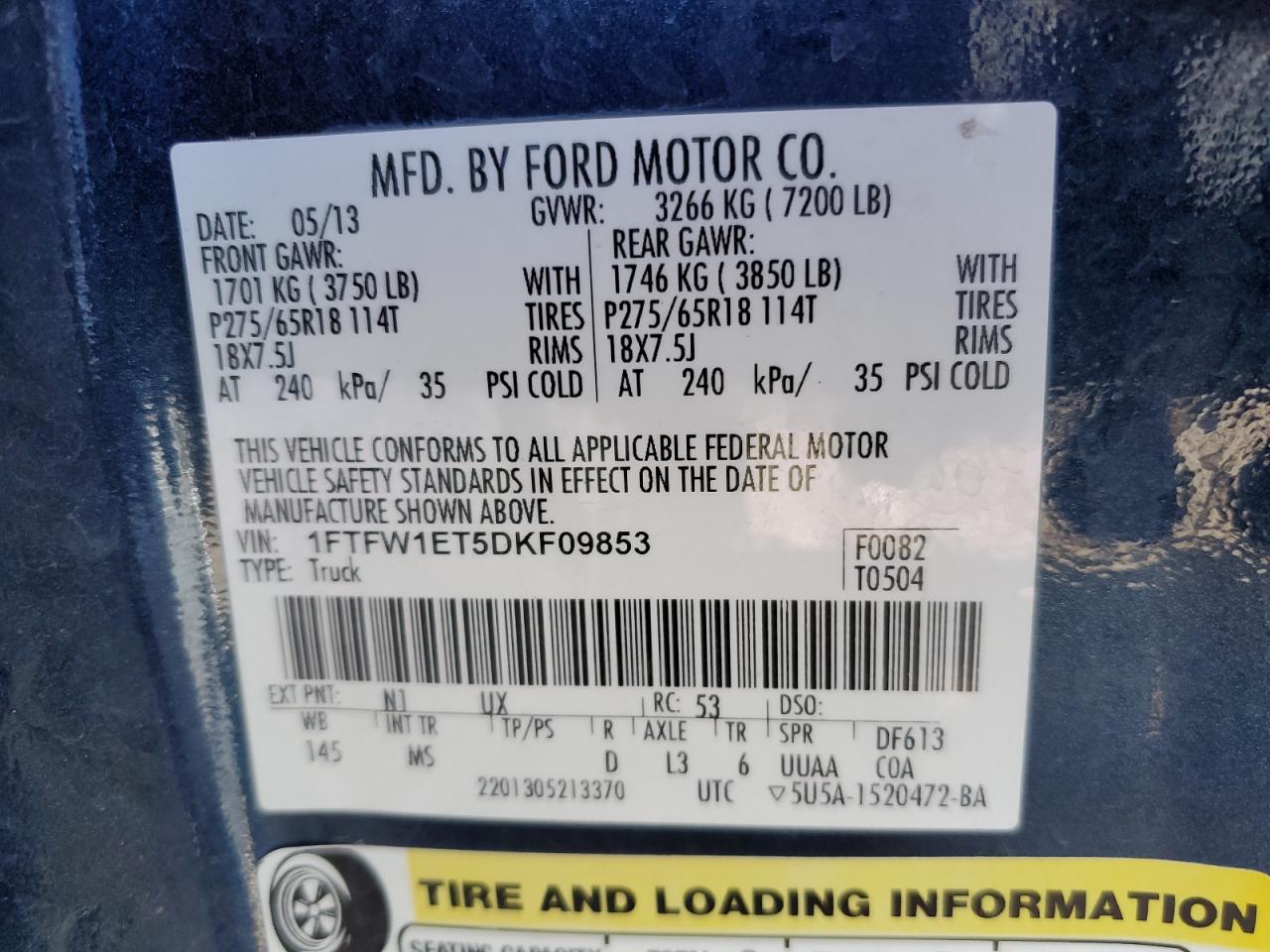 2013 Ford F150 Supercrew VIN: 1FTFW1ET5DKF09853 Lot: 64429432